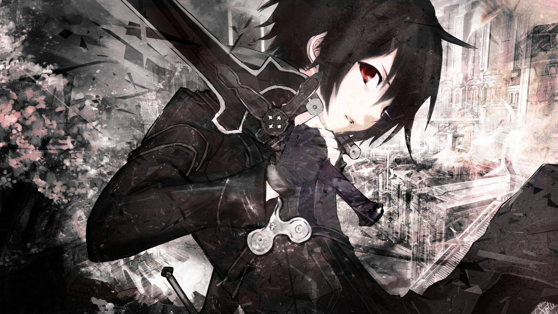 Kirito 桌布 壁紙 — 一位黑髮紅眼動漫女孩在破碎的黑白城市景觀中揮舞著劍，並帶有粉紅色花卉點綴。