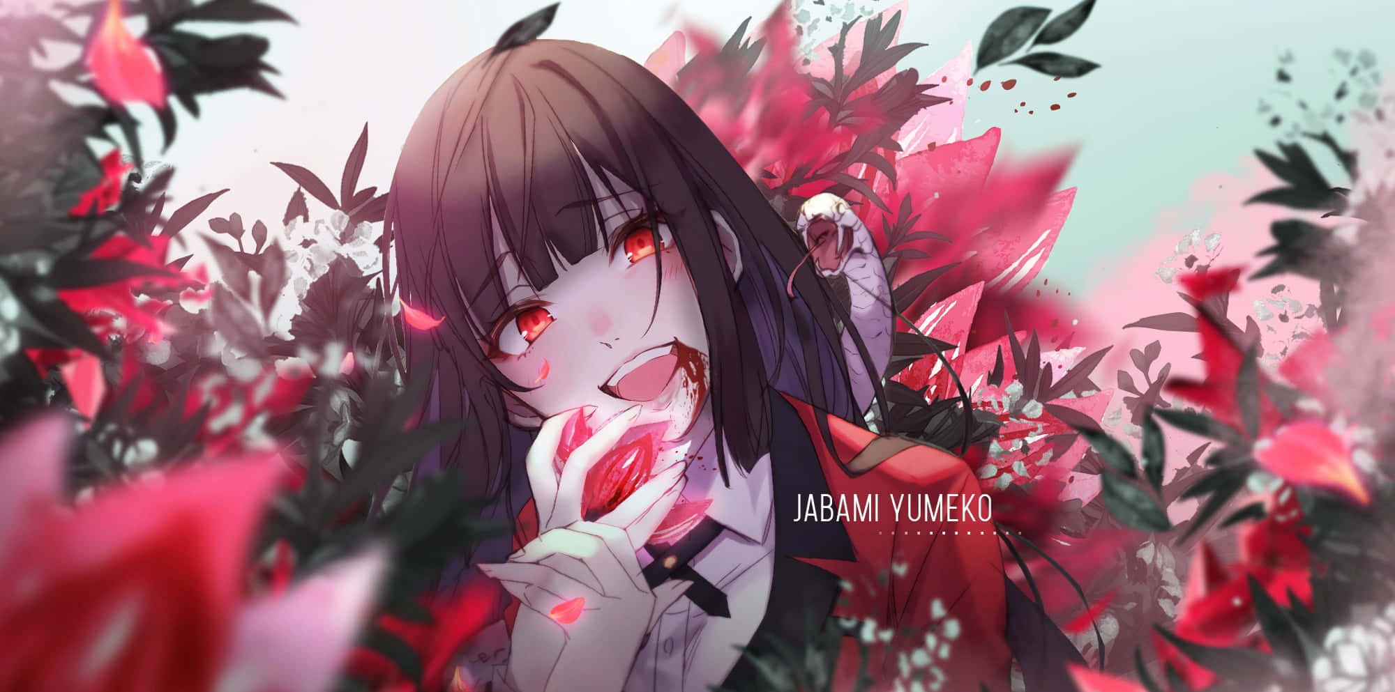 Kakegurui 桌布 壁紙 — 一位黑髮紅眼動漫女孩在粉紅與綠色的鮮花爆炸中手持一朵紅花。