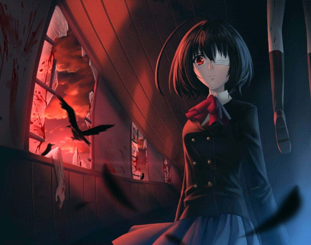 Horror Anime 桌布 壁紙 — 一位黑髮紅眼動漫女孩站在血跡斑斑的房間裡，烏鴉在熾熱天空下飛過破窗。