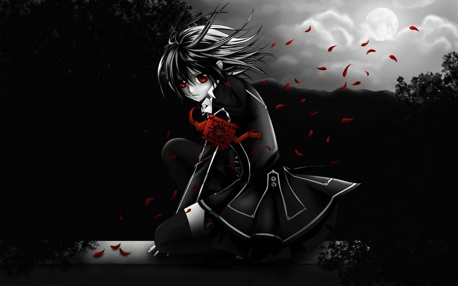 Black And White Anime 桌布 壁紙 — 一位黑髮紅眼動漫女孩跪在滿月下，紅色花瓣在她周圍飄舞，營造出充滿氣氛的黑白場景。