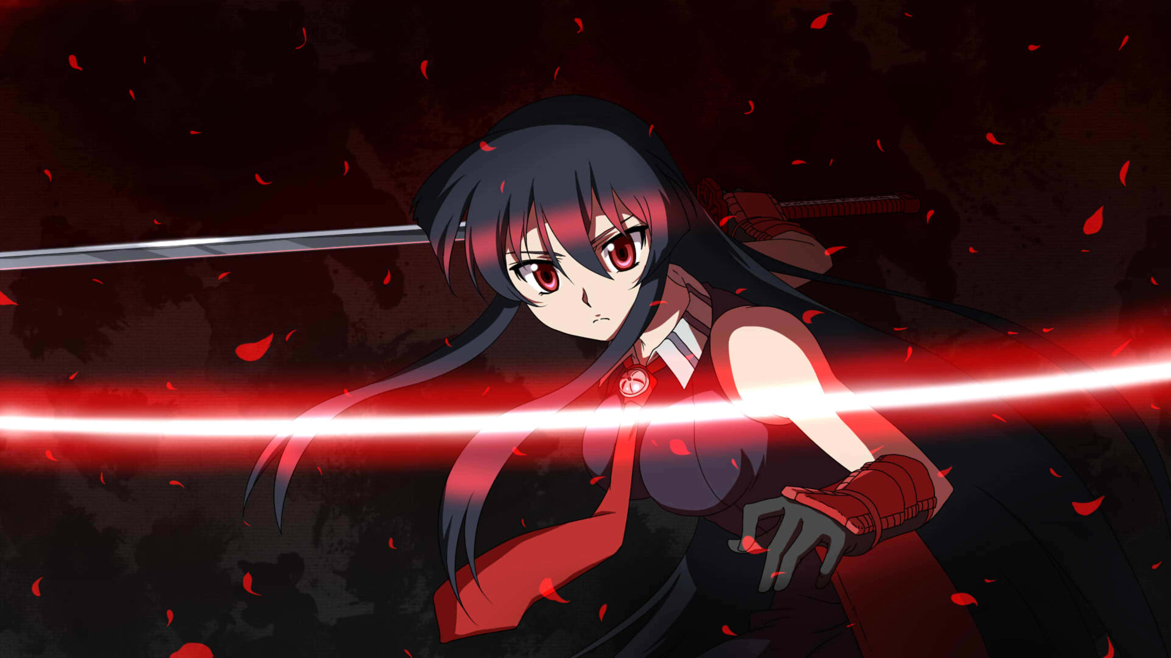 Akame Ga Kill 4K 桌布 壁紙 — 一位黑髮紅眼的動漫女孩在黑暗背景下，於飄落的紅色花瓣中揮舞著一把發光的紅色劍。