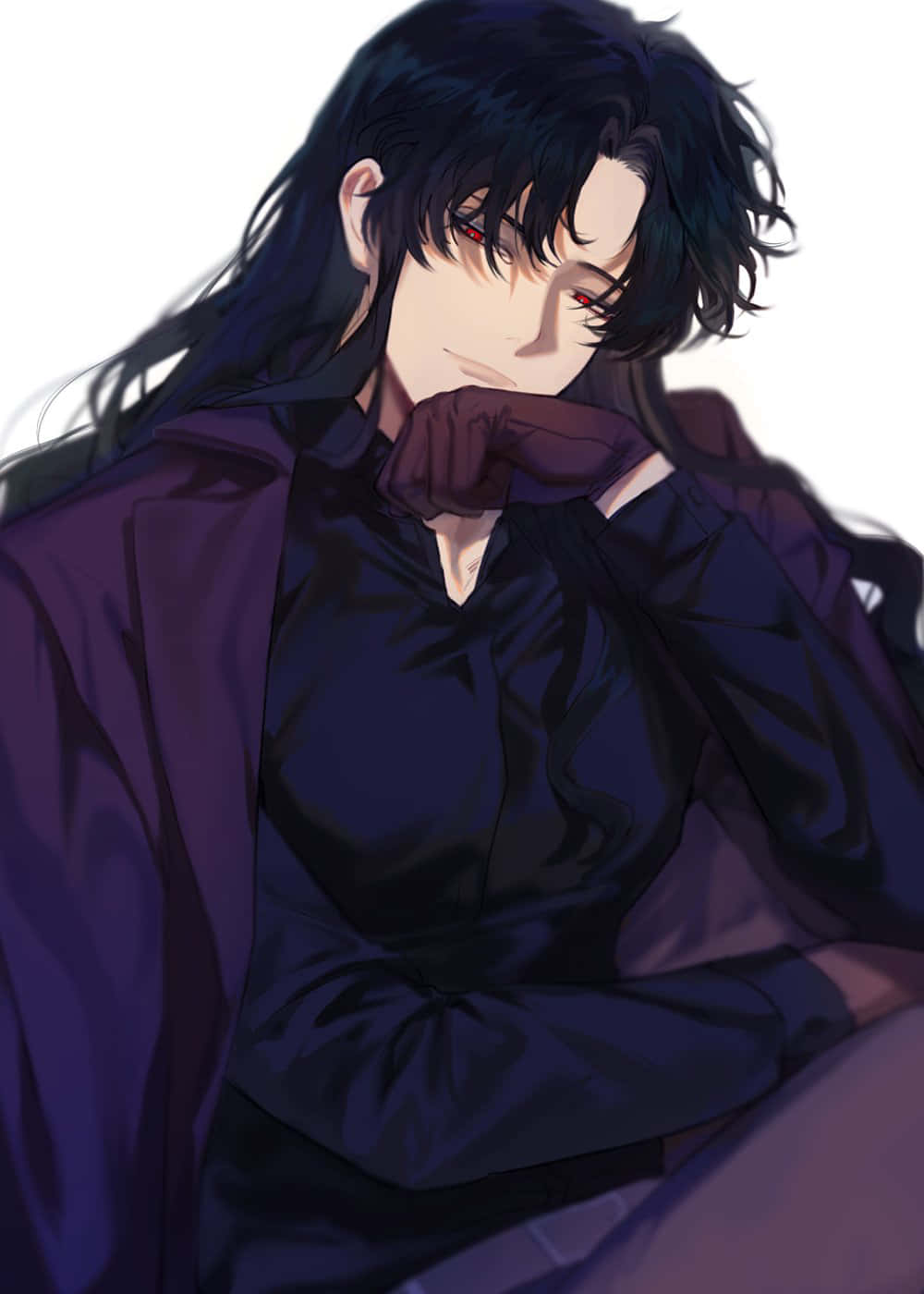 Naraku 桌布 壁紙 — 一位黑髮紅眼的動畫男性，戴著手套的手靠近下巴，身穿紫色外套，背景為純白色。