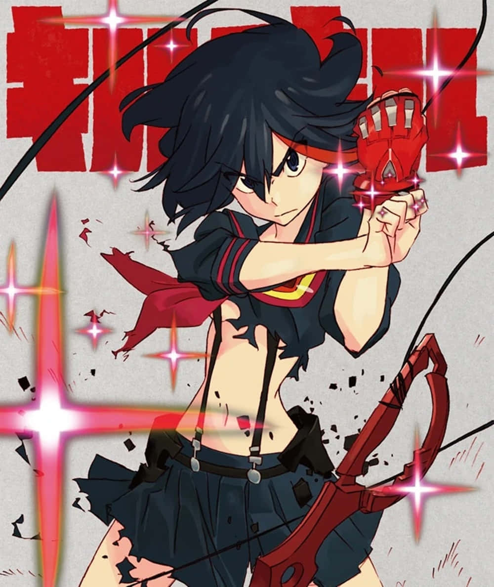 ryuko matoi 桌布 壁紙 — 一位黑髮紅眼罩的動漫女孩，周圍環繞著動態火花和破碎碎片，瞄準一把發光的紅色弓。