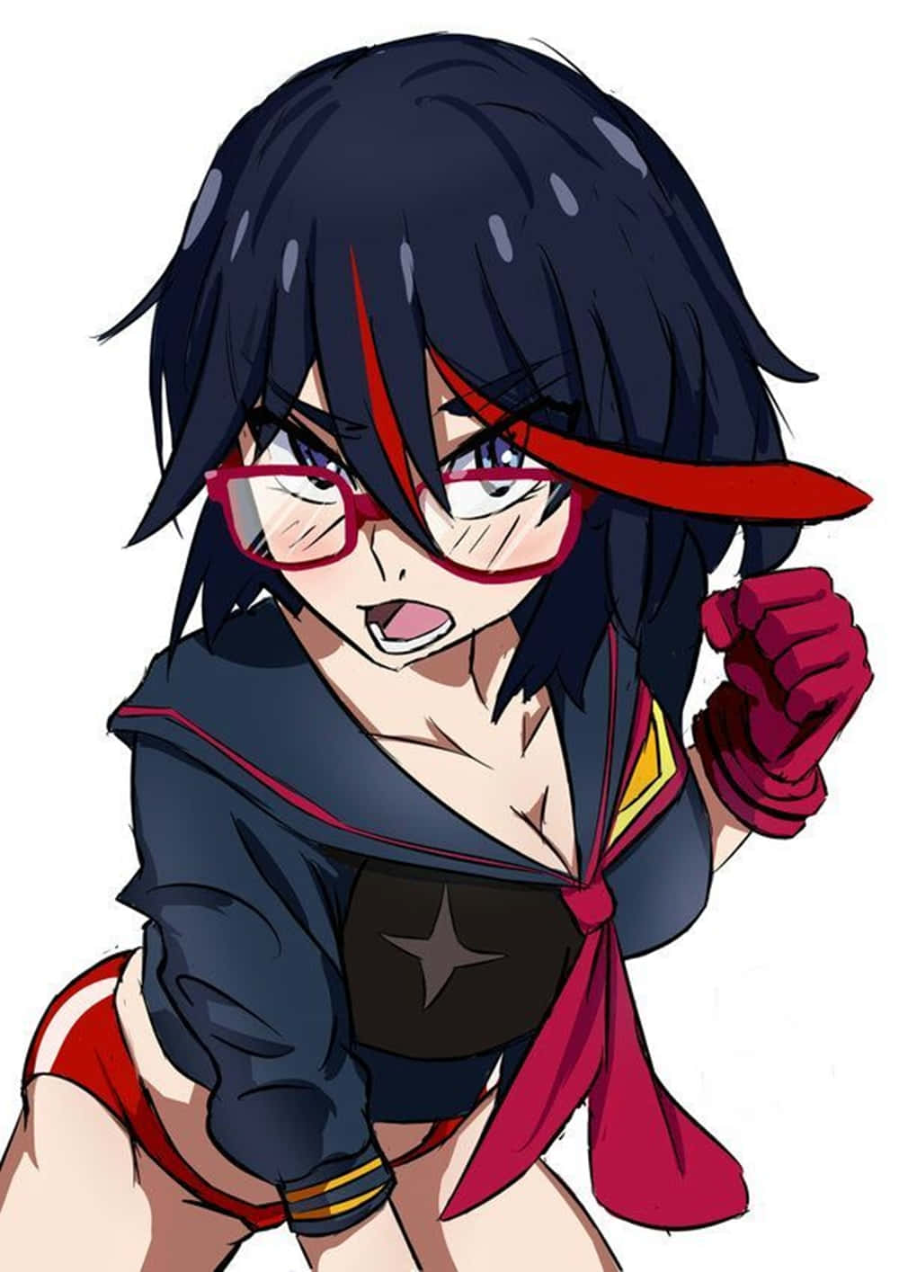 ryuko matoi 桌布 壁紙 — 一位黑髮紅眼鏡的動漫女孩，在白色背景前握緊拳頭，姿勢堅定。