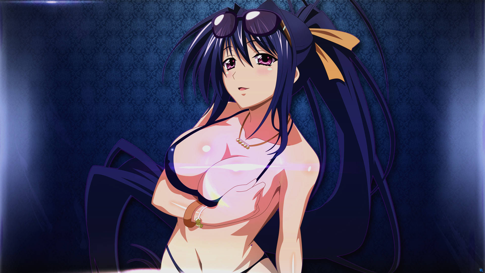 Dxd 桌布 壁紙 — 一位黑髮紫眼、頭戴太陽眼鏡的動漫女孩，在深藍色圖案背景前穿著暴露服裝擺姿勢。