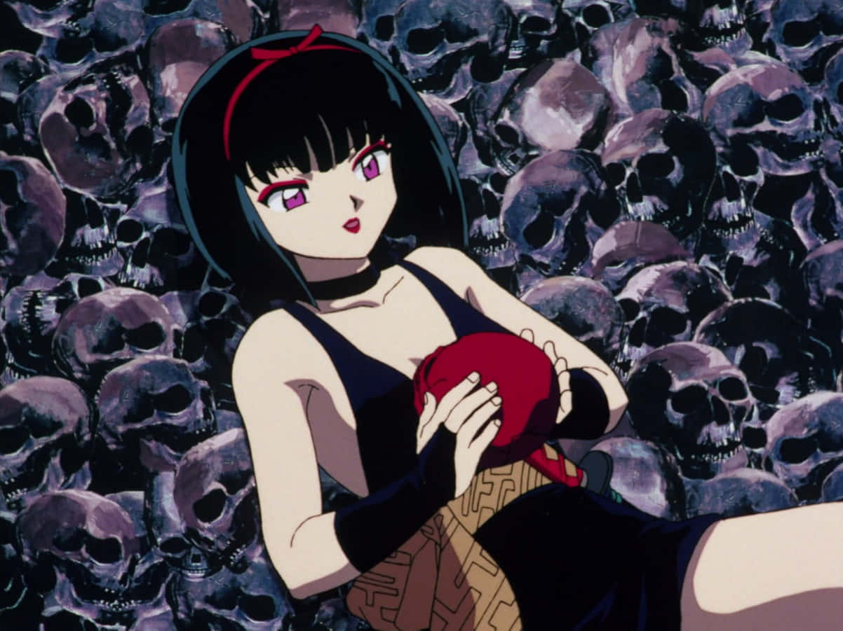 Inuyasha Yura 桌布 壁紙 — 一位黑髮紫眼的動漫女孩在骷髏海中拿著一顆紅心，場景令人毛骨悚然。
