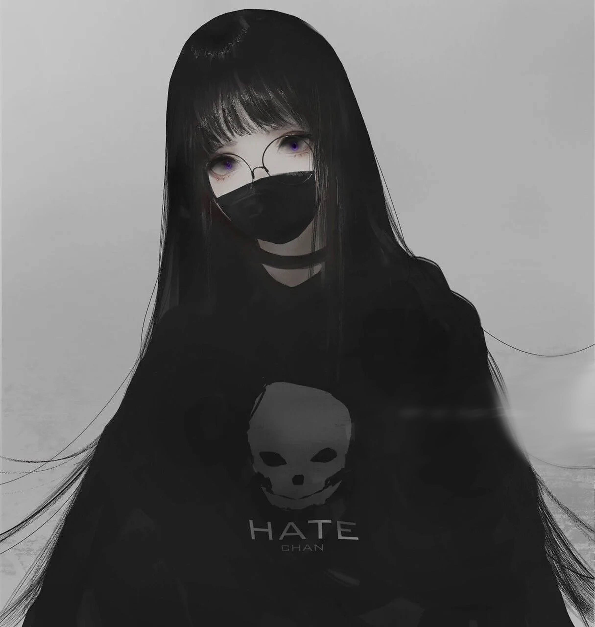 emo 頭像 桌布 壁紙 — 一位黑髮紫眼的動漫女孩戴著眼鏡和黑色口罩遮住嘴巴，身穿帶有骷髏頭和「HATE CHAN」文字的黑色連帽衫。