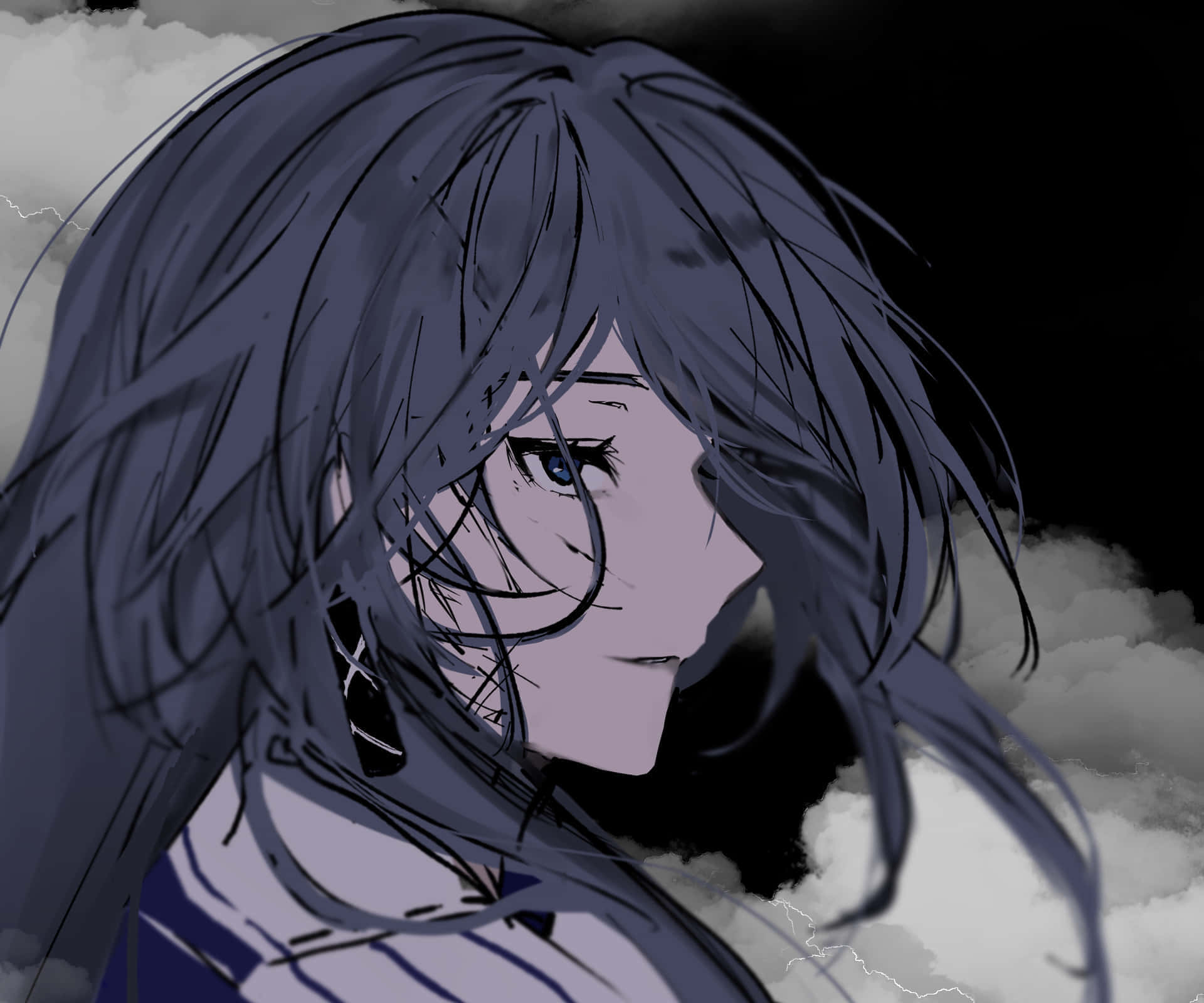 Depressing Profile 桌布 壁紙 — 一位黑髮藍眼的憂鬱動漫女孩在暴風雲和閃電中低頭凝視。
