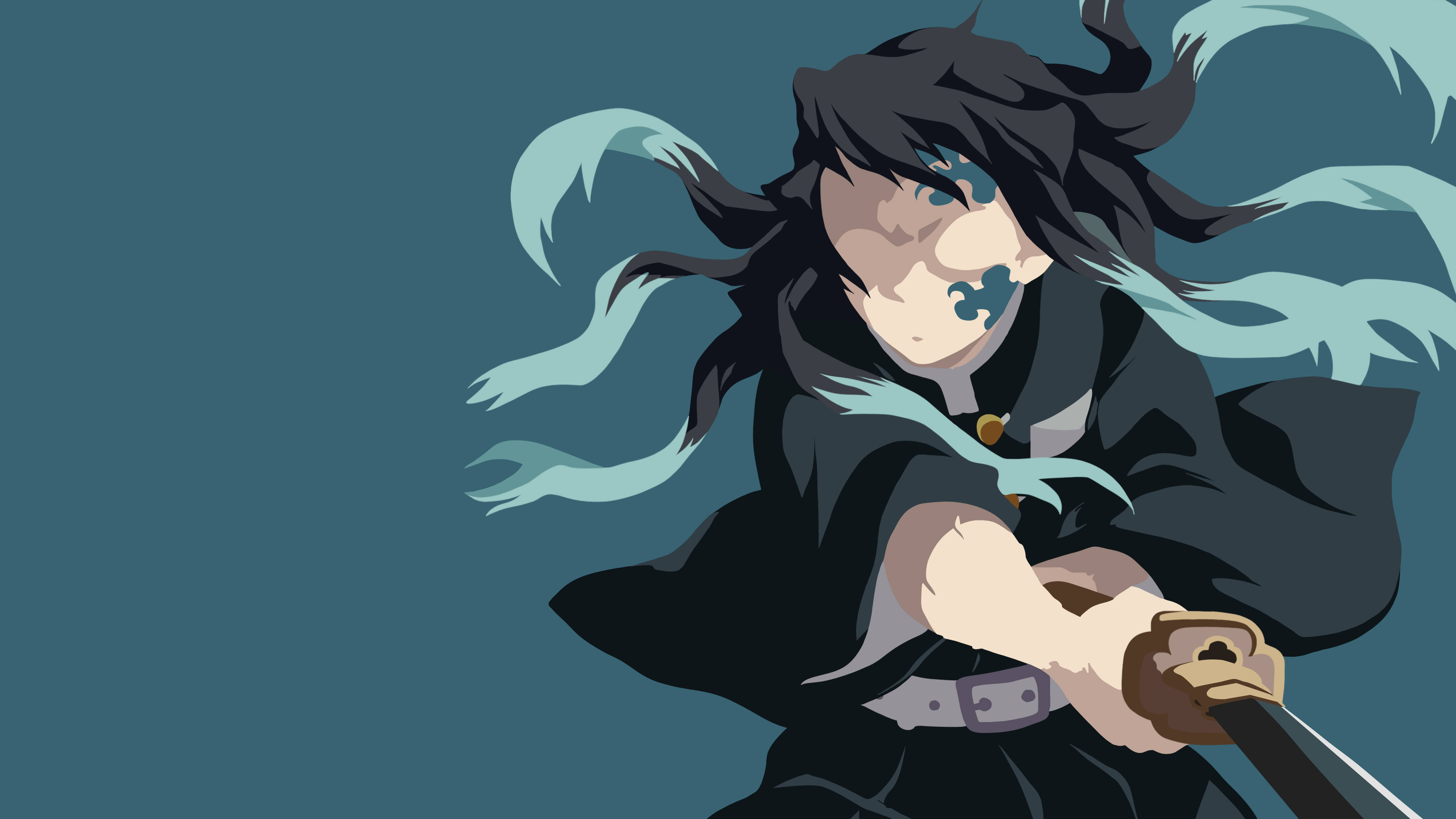 Minimalist Anime 桌布 壁紙 — 一位黑髮藍紋的動漫戰士在青綠色背景前緊握著劍。