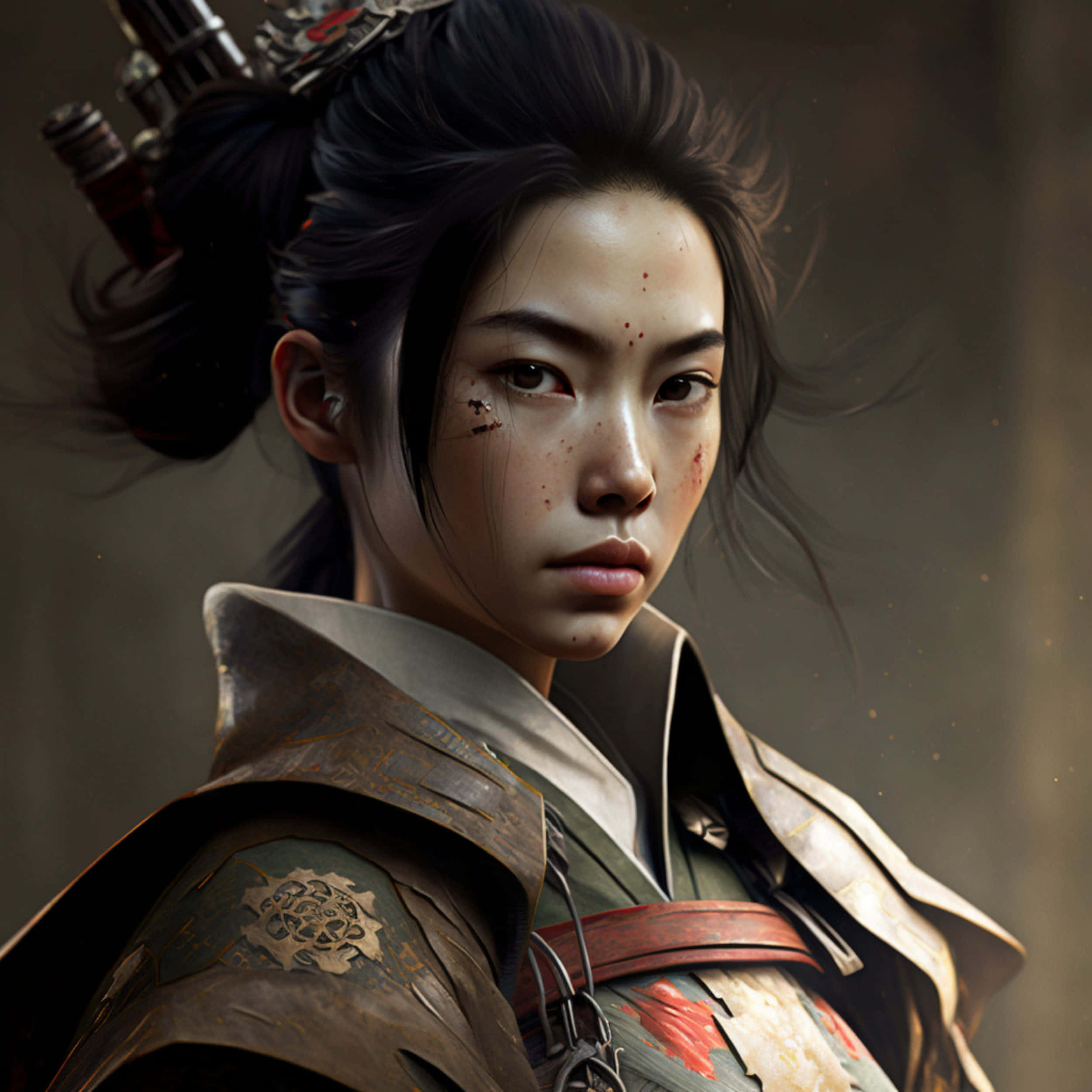 Female Samurai 桌布 壁紙 — 一位黑髮血臉的兇猛女戰士，身穿華麗盔甲，在柔和燈光下專注凝視。