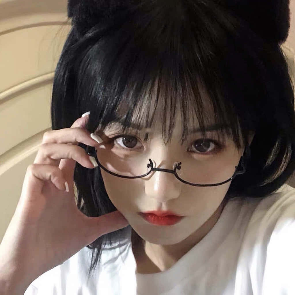 Cute Girl 桌布 壁紙 — 一位黑髮貓耳年輕女子調整她的細框眼鏡，同時直視鏡頭。