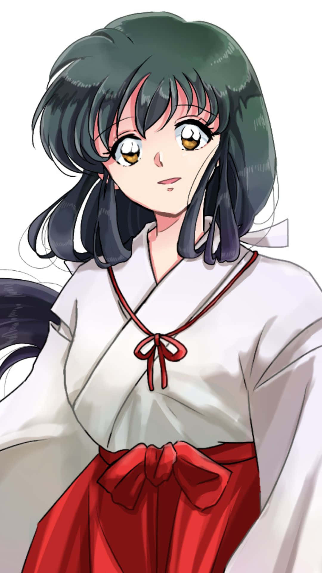 Kagome Higurashi 桌布 壁紙 — 一位黑髮金眼的年輕動漫女孩，穿著白色和服，繫著紅色絲帶和紅色腰帶，背景為純白色。