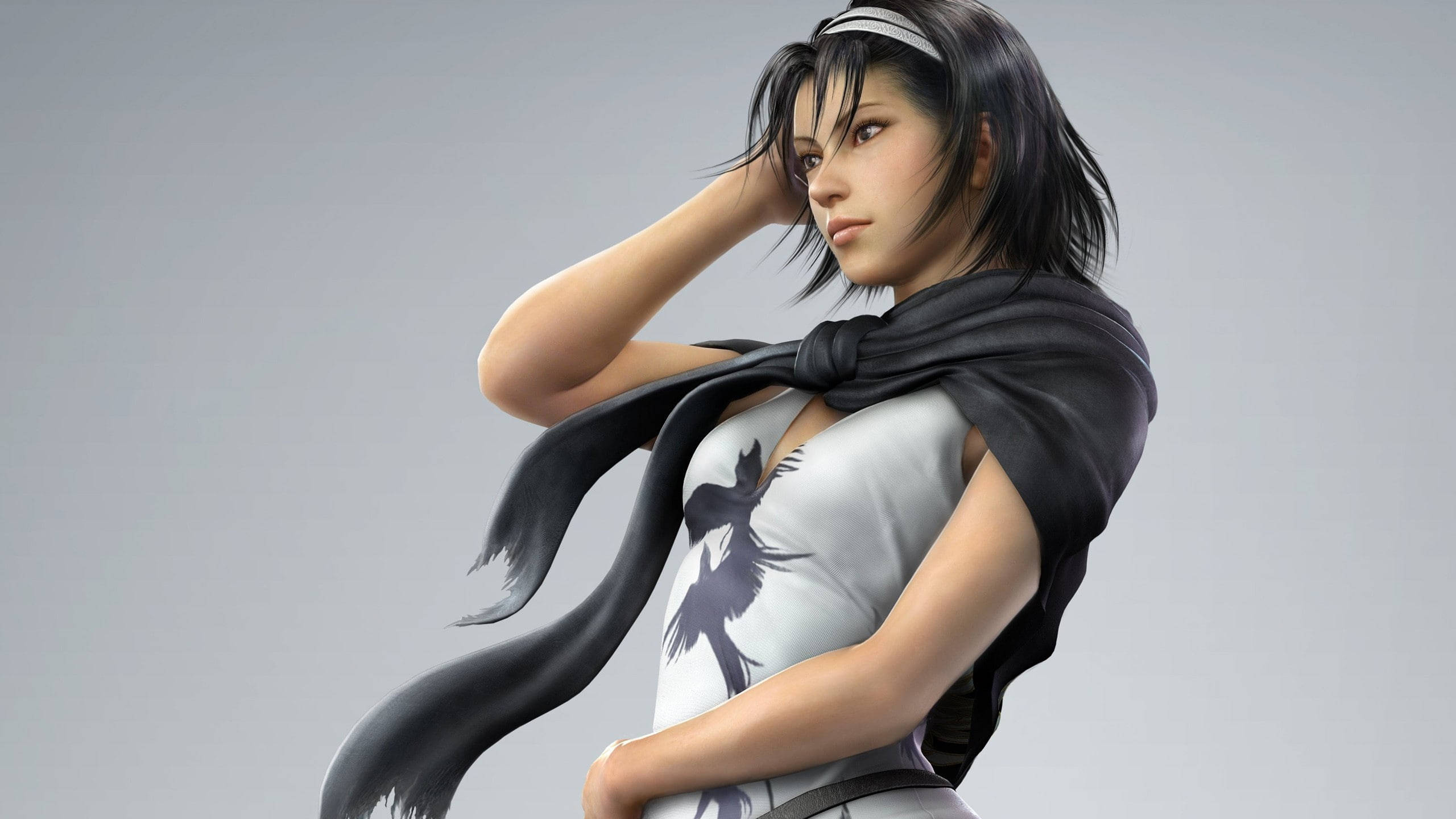 Tekken 桌布 壁紙 — 一位黑髮黑圍巾的數位藝術女戰士，在純灰色背景前自信地擺姿勢。
