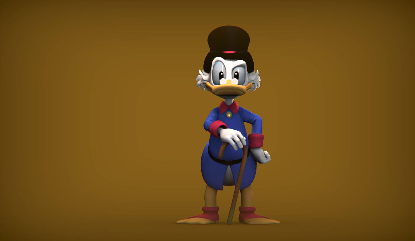 Scrooge 桌布 壁紙 — 一個 3D 渲染的史高治·麥克達克自信地穿著藍色西裝和高帽，站在純棕色背景前。
