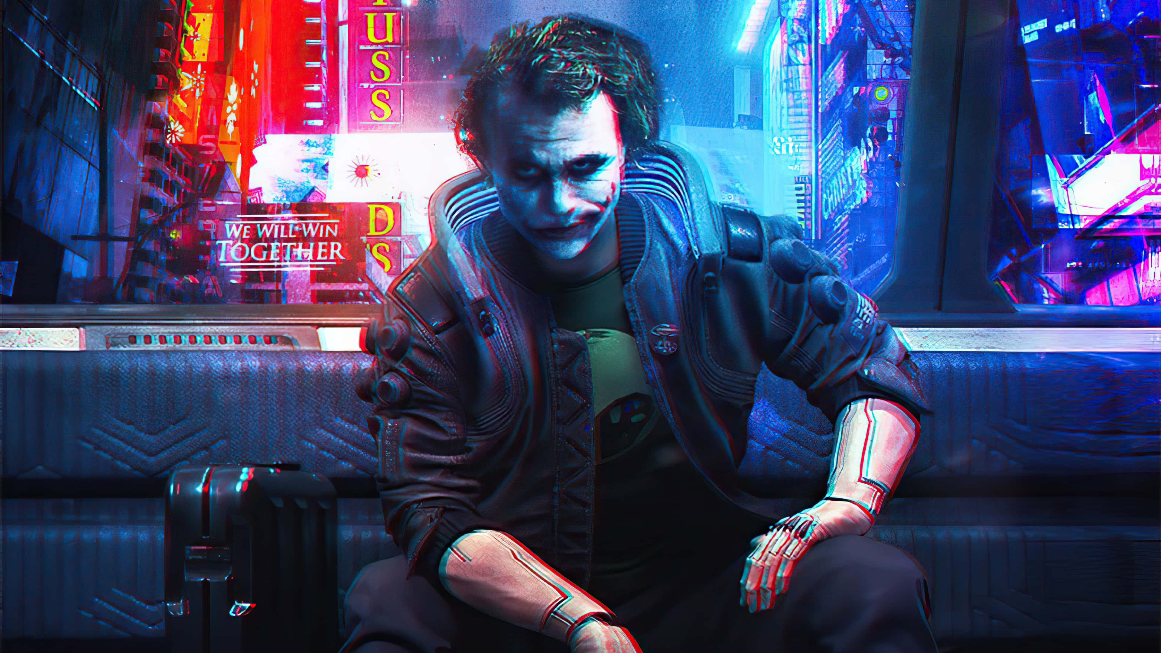 Cool Joker 桌布 壁紙 — 一個 cyberpunk 小丑坐在長椅上，身處霓虹燈閃爍的城市景觀中，周圍有發光的招牌和雨水濕滑的街道。