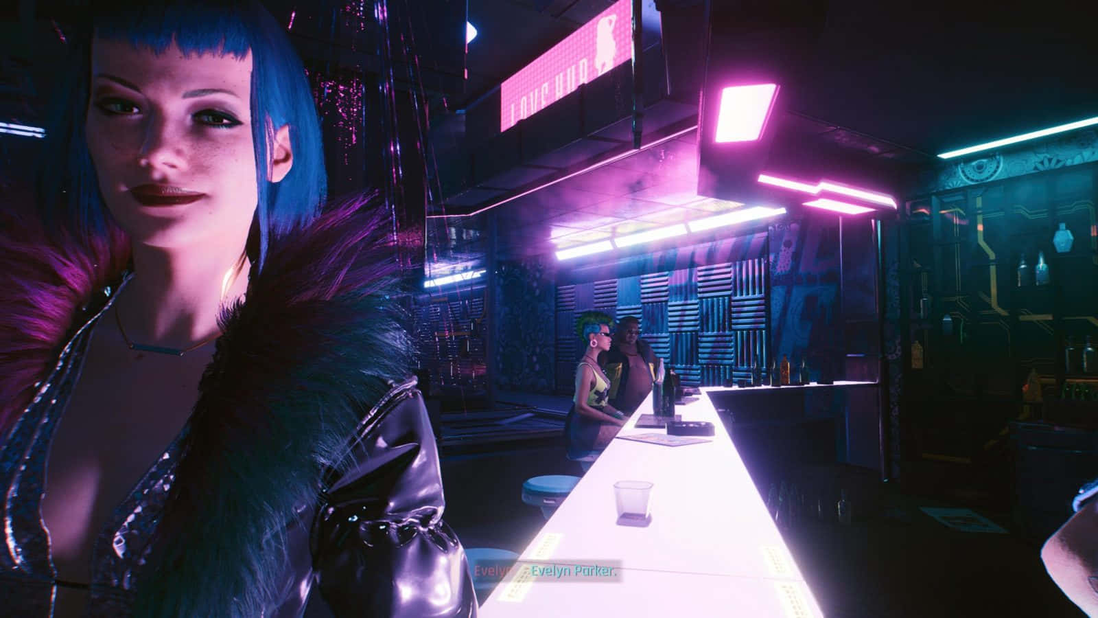 賽博龐克 桌布 壁紙 — 一個 cyberpunk 酒吧場景，藍髮女子身穿毛領外套，在霓虹燈光下。