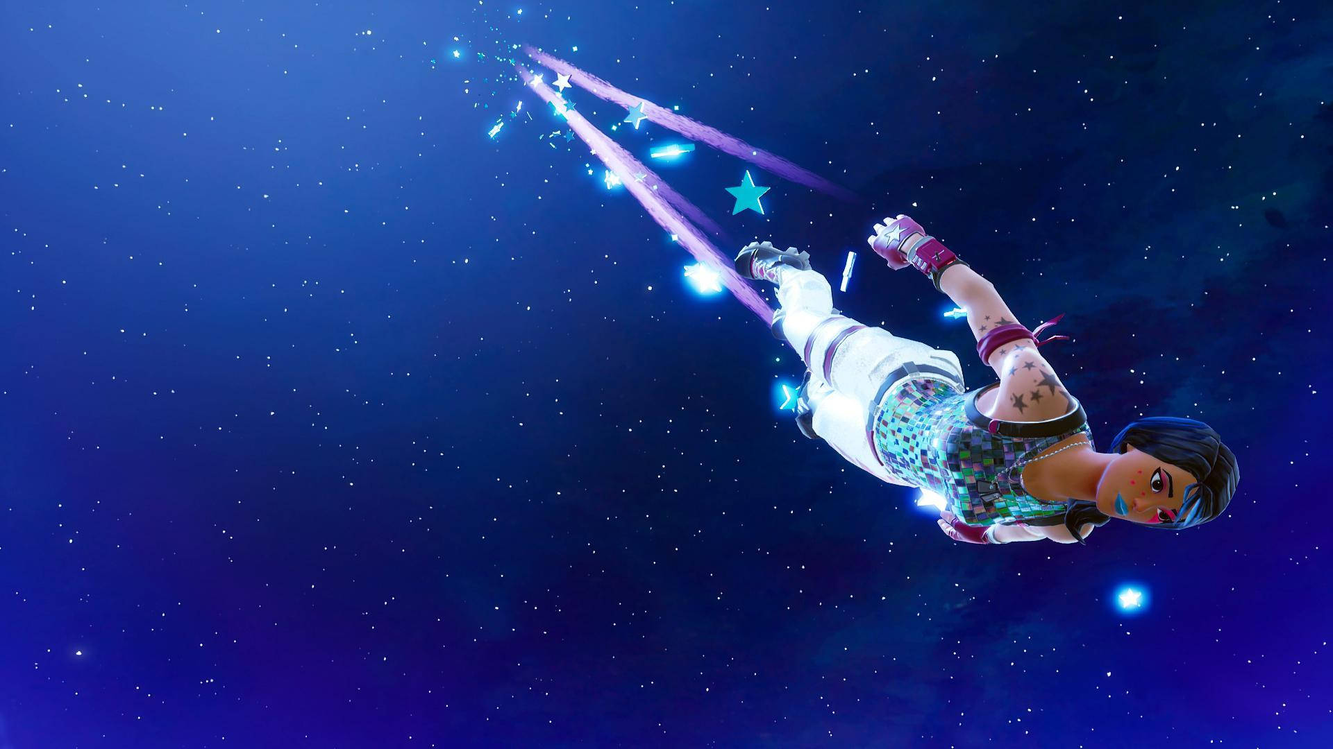 Sparkle Specialist Fortnite 桌布 壁紙 — 一個 Fortnite 角色在佈滿星星的宇宙天空中滑翔，留下發光的紫色和藍色星爆。