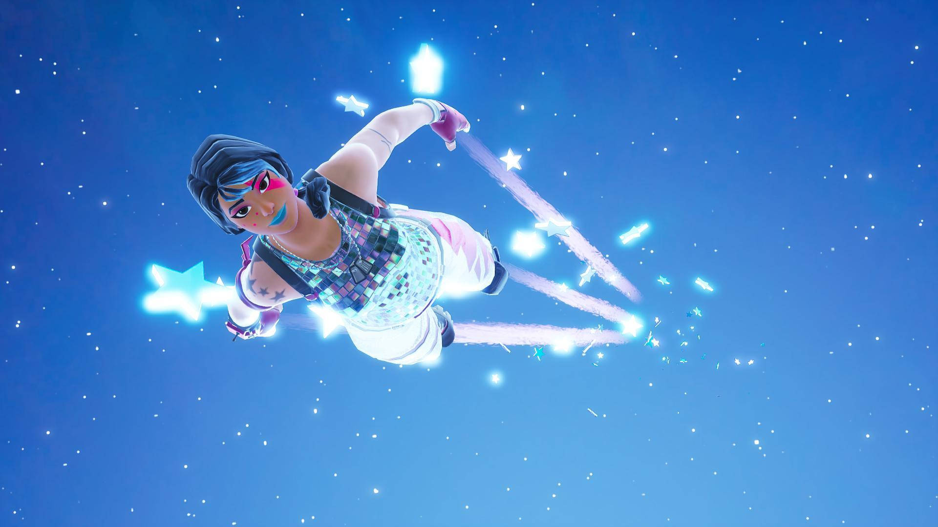 Sparkle Specialist Fortnite 桌布 壁紙 — 一個 Fortnite 角色在星光閃爍的藍色天空中滑翔，留下發光的星爆和閃光。