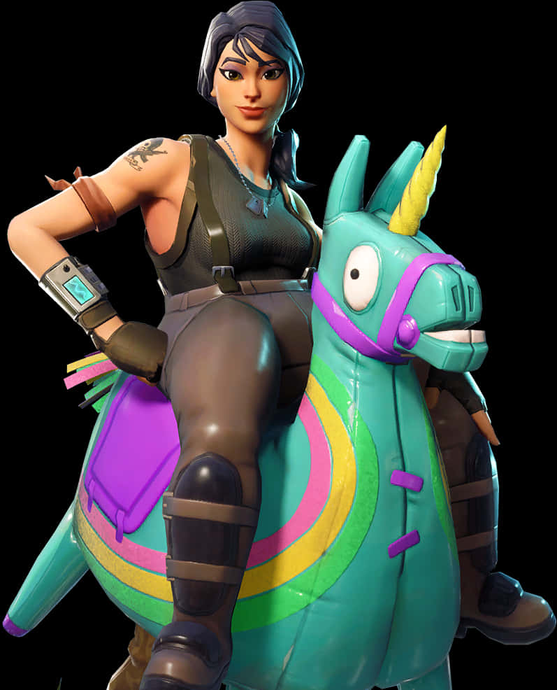 Fortnite Default Skin 桌布 壁紙 — 一個 Fortnite 角色自信地站在一隻色彩繽紛的藍綠色和彩虹獨角獸上，獨角獸有黃色的角。