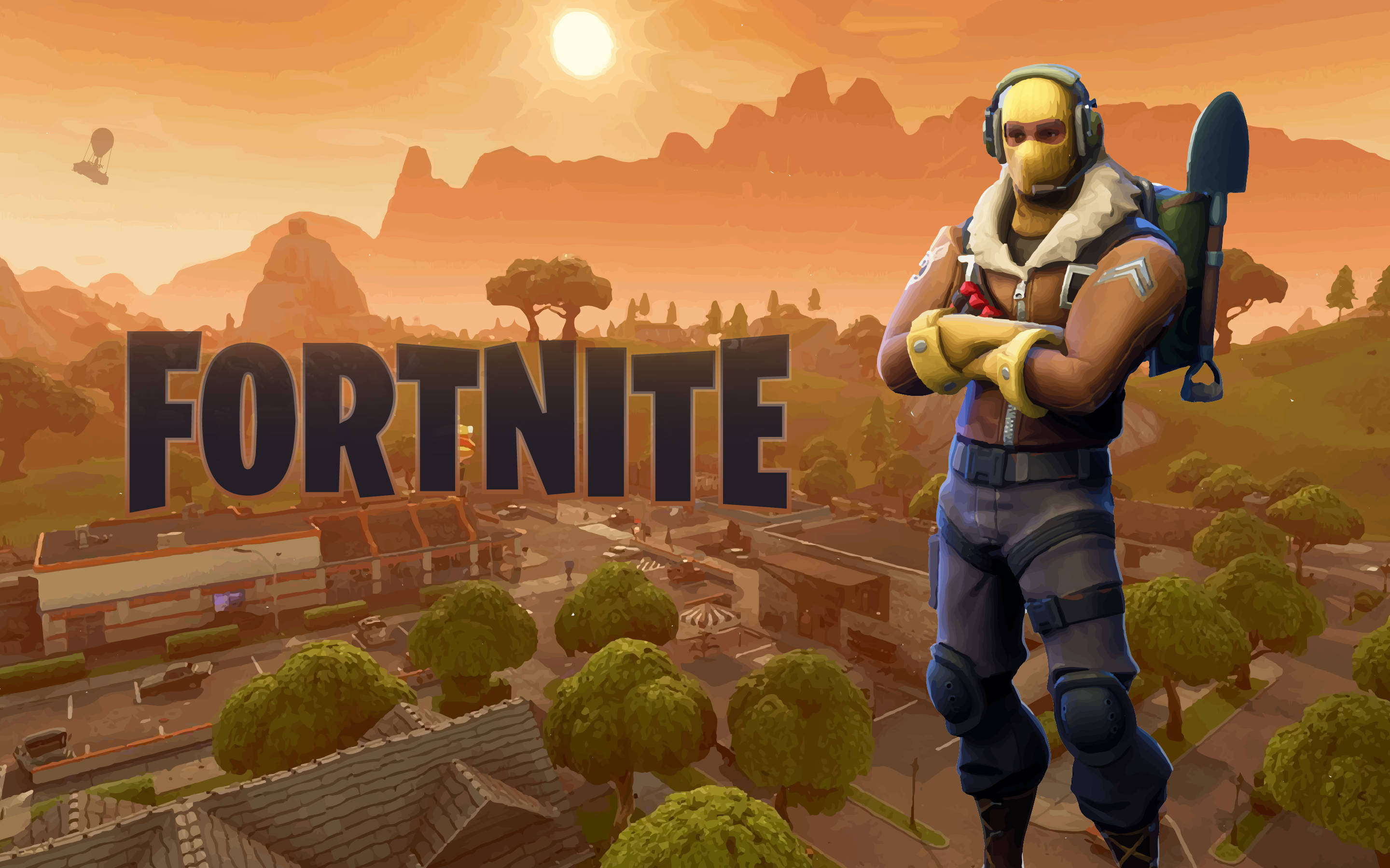 Fortnite 造型 桌布 壁紙 — 一個 Fortnite 角色自信地站在一個風格化的小鎮，背景是日落時分的山脈和遊戲標誌。