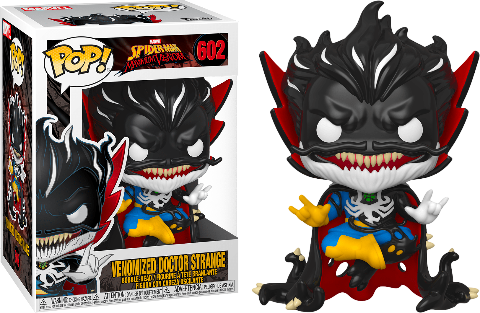 strange 桌布 壁紙 — 一個 Funko Pop! 乙烯基公仔，是 Venomized Doctor Strange，有黑色共生體身體、紅色角和藍黃色服裝，擺在盒子旁邊。