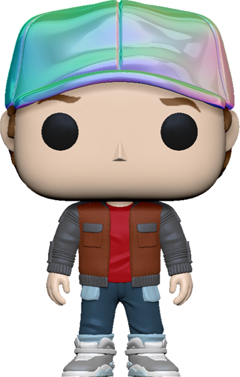 回到未來 桌布 壁紙 — 一個 Funko Pop 人偶，描繪 Marty McFly 穿著他標誌性的紅色襯衫、棕色背心和彩虹帽，站在純色背景前。