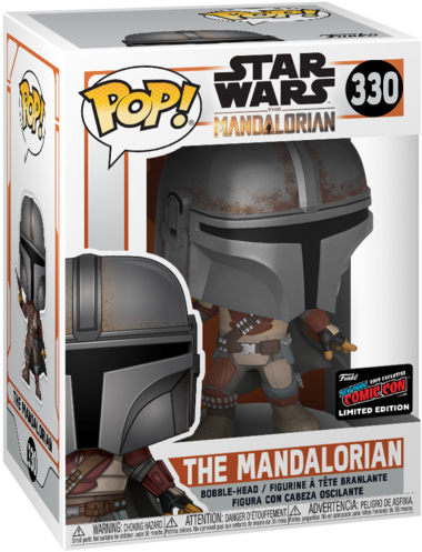 曼達洛人 桌布 壁紙 — 一個 Funko Pop! 的曼達洛人塑像，戴著標誌性頭盔和盔甲，展示在原裝包裝中。