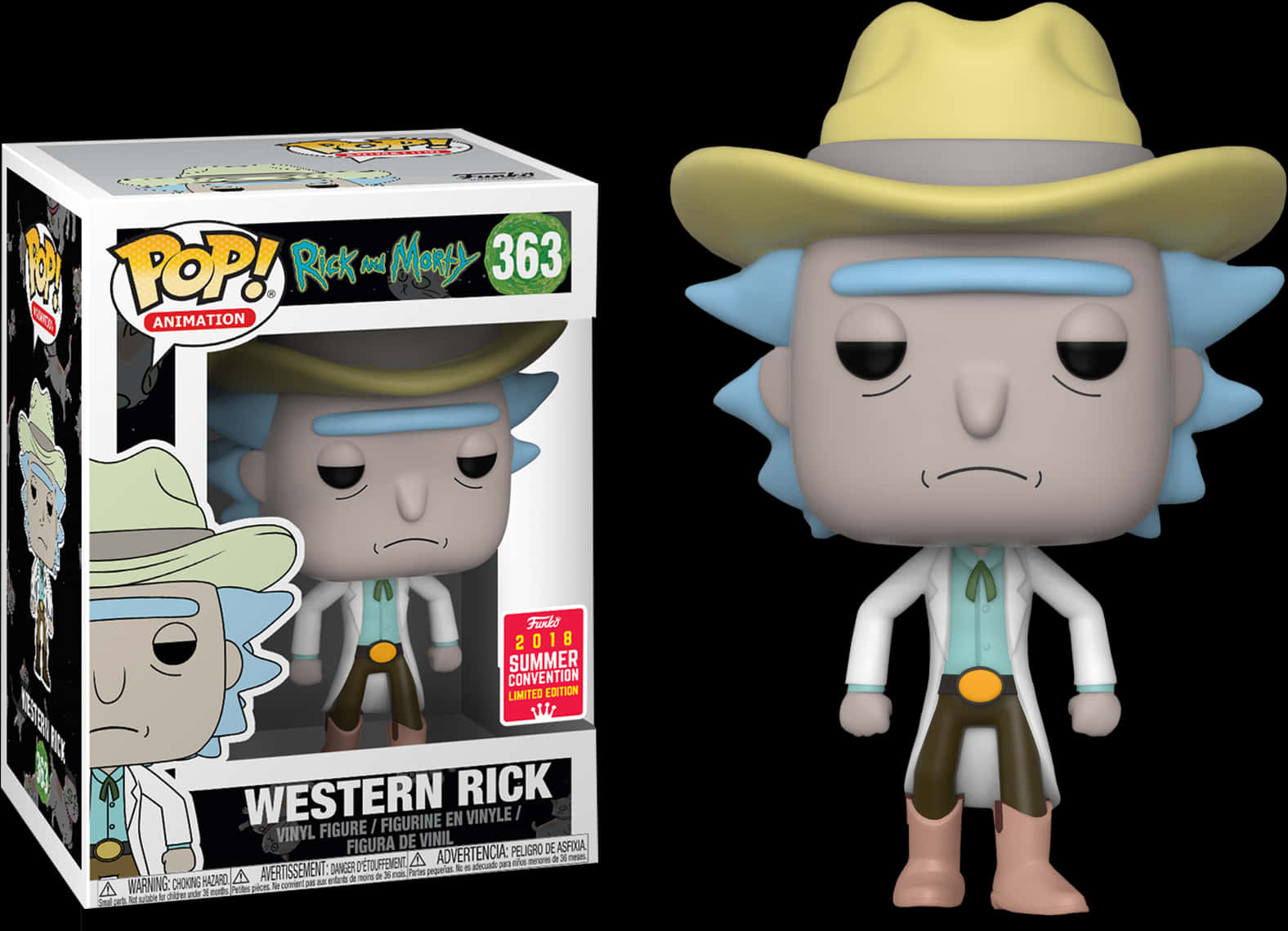 Rick Sanchez 桌布 壁紙 — 一個 Funko Pop! 的瑞克和莫蒂中瑞克的牛仔帽和靴子造型的乙烯基公仔，旁邊是其收藏盒。