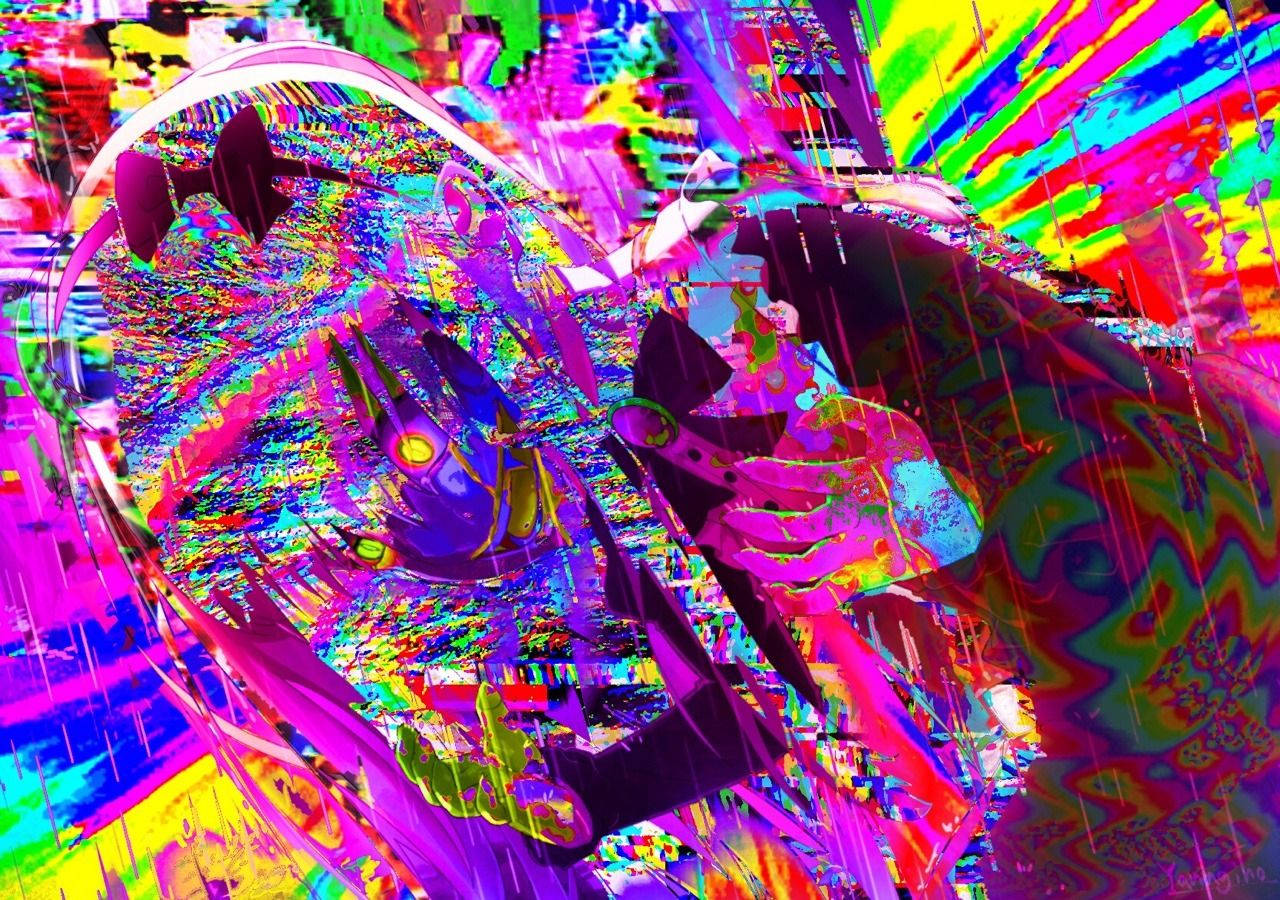 動漫 桌布 壁紙 — 一個 glitch-art 風格的動漫女孩，擁有發光的眼睛和飄逸的頭髮，身處迷幻的霓虹色彩和數位扭曲的爆炸之中。