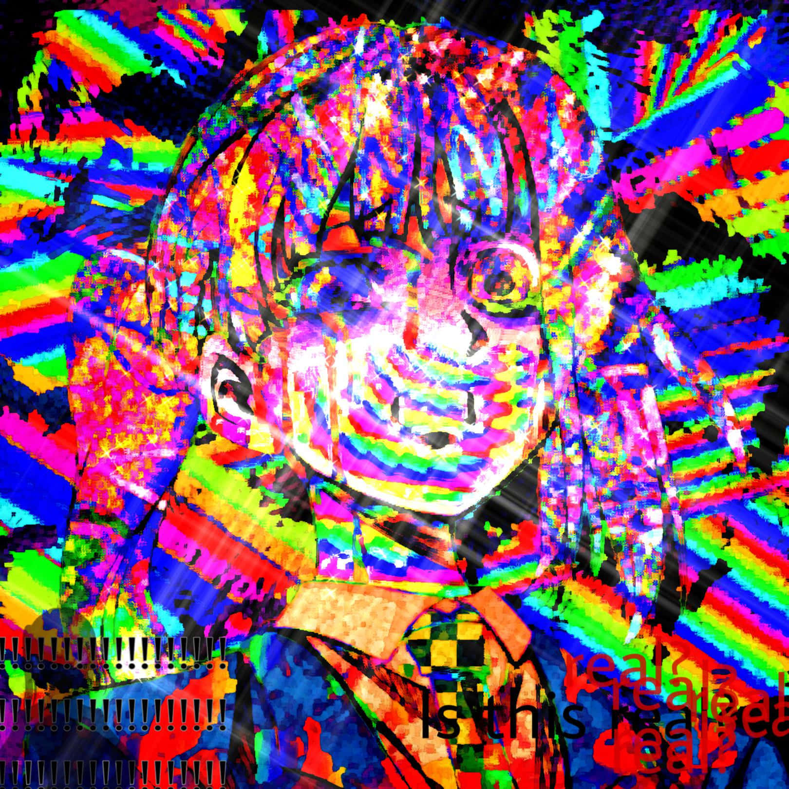 character 桌布 壁紙 — 一個 glitch 藝術動漫女孩，擁有彩虹像素頭髮和扭曲的特徵，背景是充滿活力的條紋。