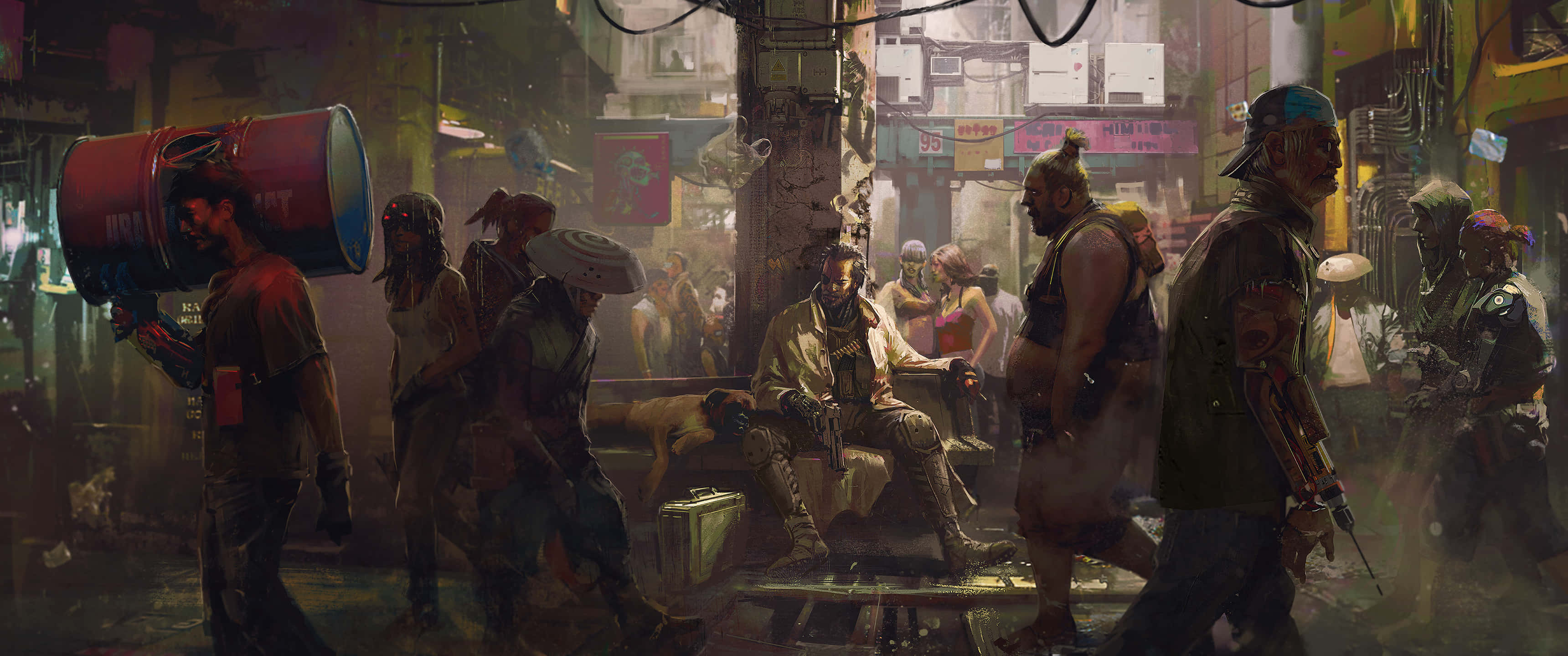 遊戲 桌布 壁紙 — 一個 gritty 的 cyberpunk 街頭場景，不同角色在霓虹燈照亮、雨水濕滑的小巷中穿梭，頭頂是閃爍的招牌。