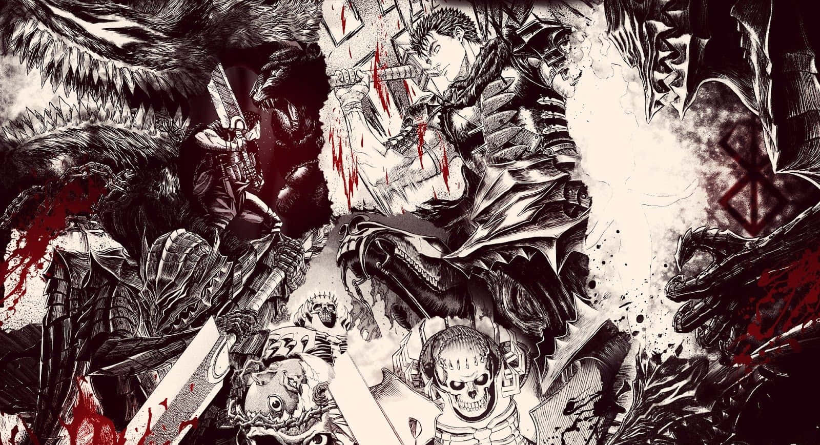 烙印勇士 桌布 壁紙 — 一個 gritty 的動漫戰鬥場景，戰士揮舞著劍，被怪物敵人和血濺包圍。