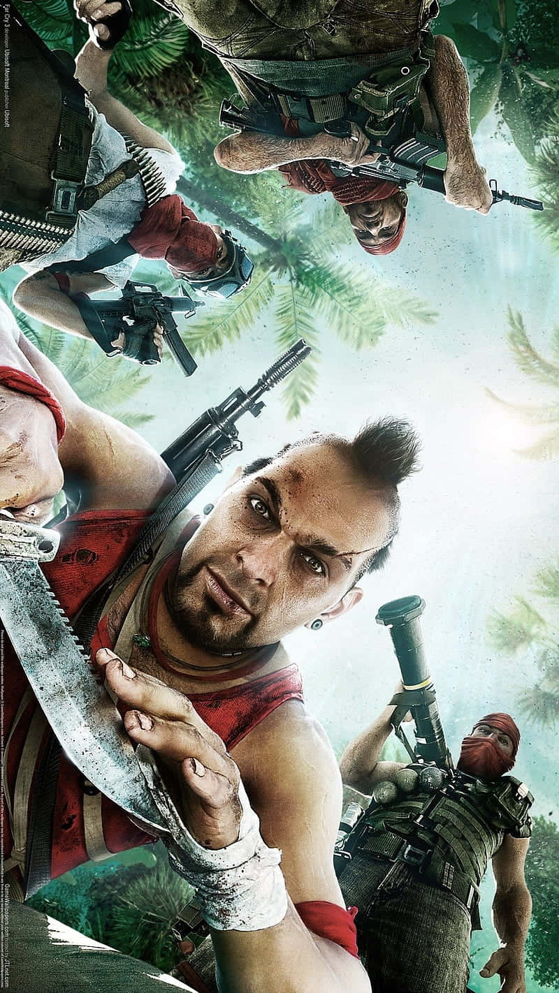 iPhone Xs Far Cry 3 桌布 壁紙 — 一個 gritty 的叢林戰爭場景，武裝士兵身穿戰鬥裝備從上方和下方凝視。