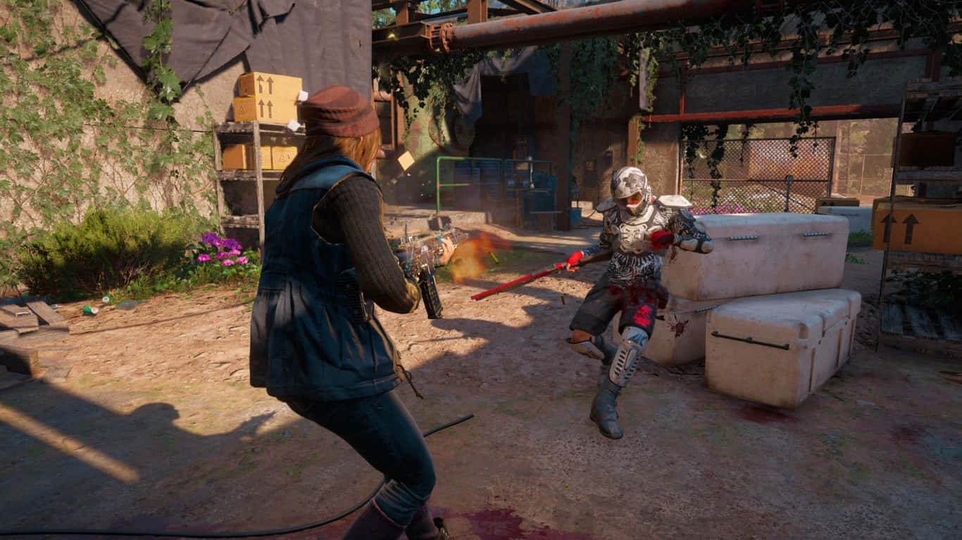 1366x768 Far Cry New Dawn 桌布 壁紙 — 一個 gritty 的城市戰鬥場景，一名持步槍的女性對抗一個戴面具、持紅色刀刃的裝甲人物。