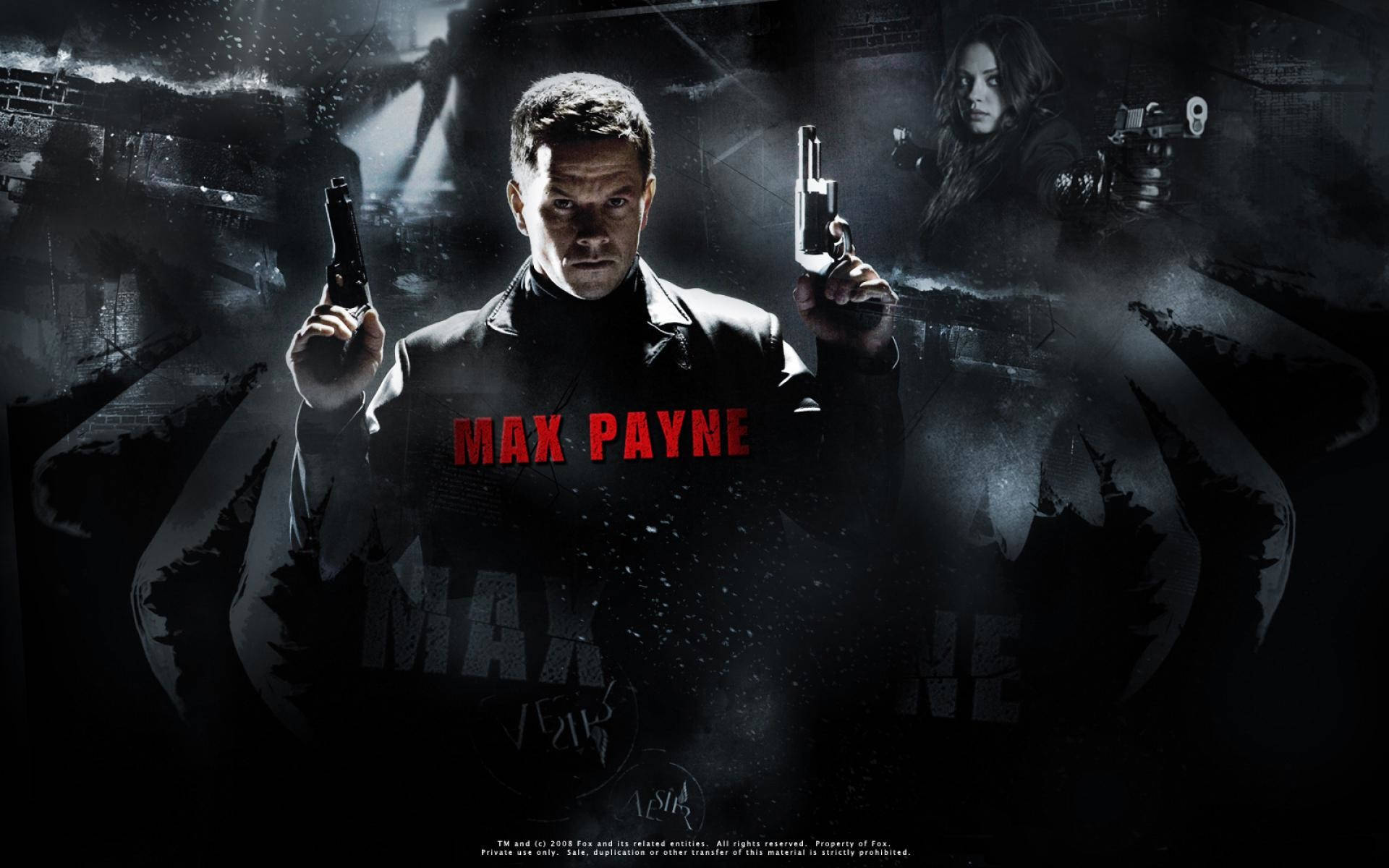 Max Payne 桌布 壁紙 — 一個 gritty 黑暗都市場景，一名男子手持兩把手槍，背景有一名女子，以陰暗的城市景觀為背景，並帶有紅色 'MAX PAYNE' 文字。