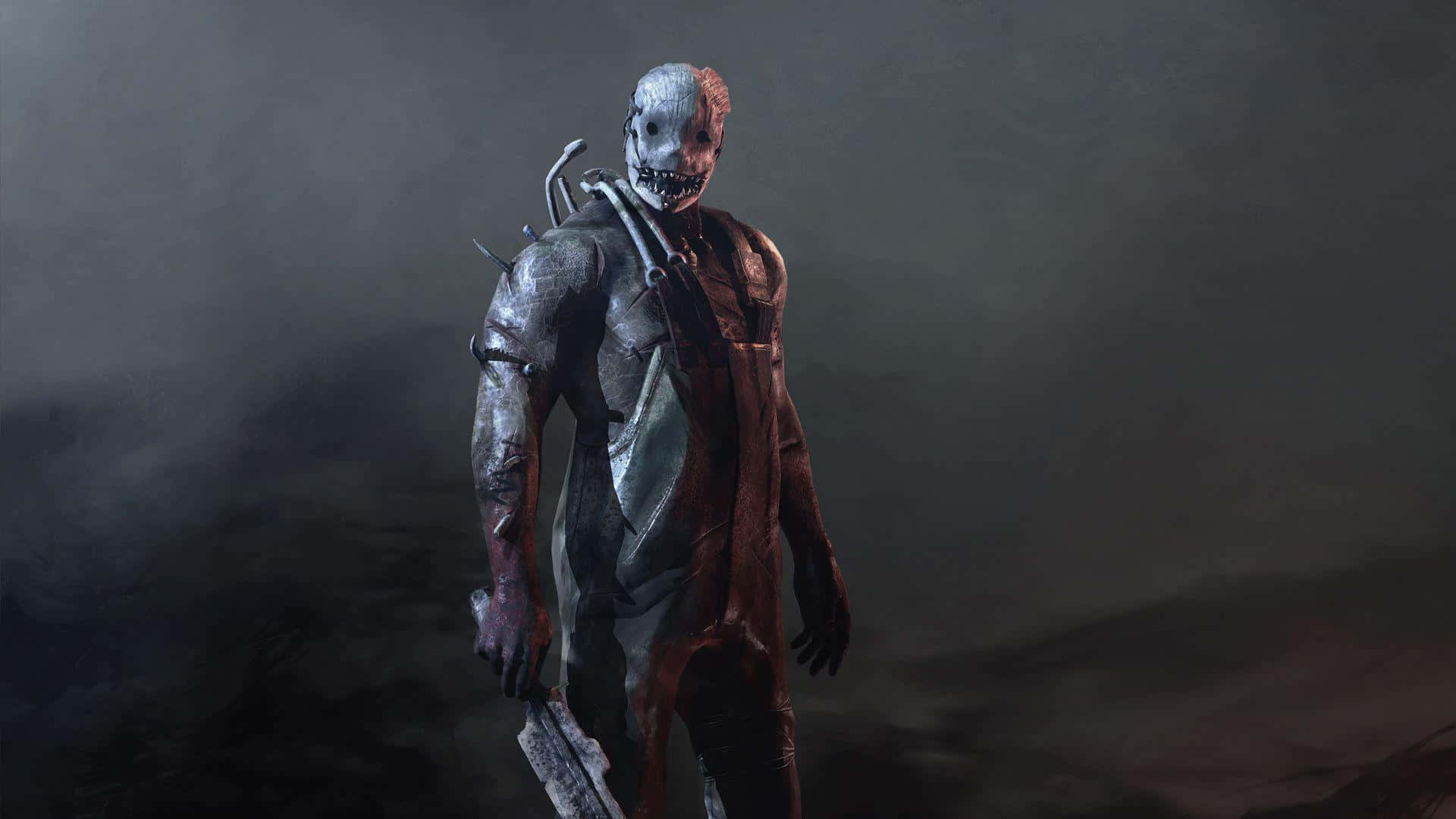 Dead By Daylight Killers 桌布 壁紙 — 一個 grotesque 的生物機械恐怖人物，有著骷髏臉和金屬四肢，在黑暗、有霧的環境中威脅性地站立。