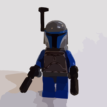 樂高 桌布 壁紙 — 一個 LEGO Boba Fett 人偶側面站立，手持爆能槍，戴著頭盔和藍色裝甲，背景簡潔。