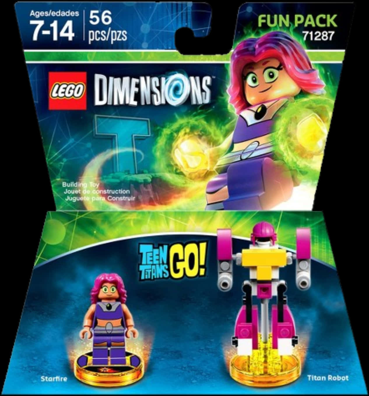 樂高 桌布 壁紙 — 一個 LEGO Dimensions Teen Titans Go! Starfire 人偶，帶有發光的綠色能量手，以及她的 Titan Robot 同伴，包裝色彩鮮豔。
