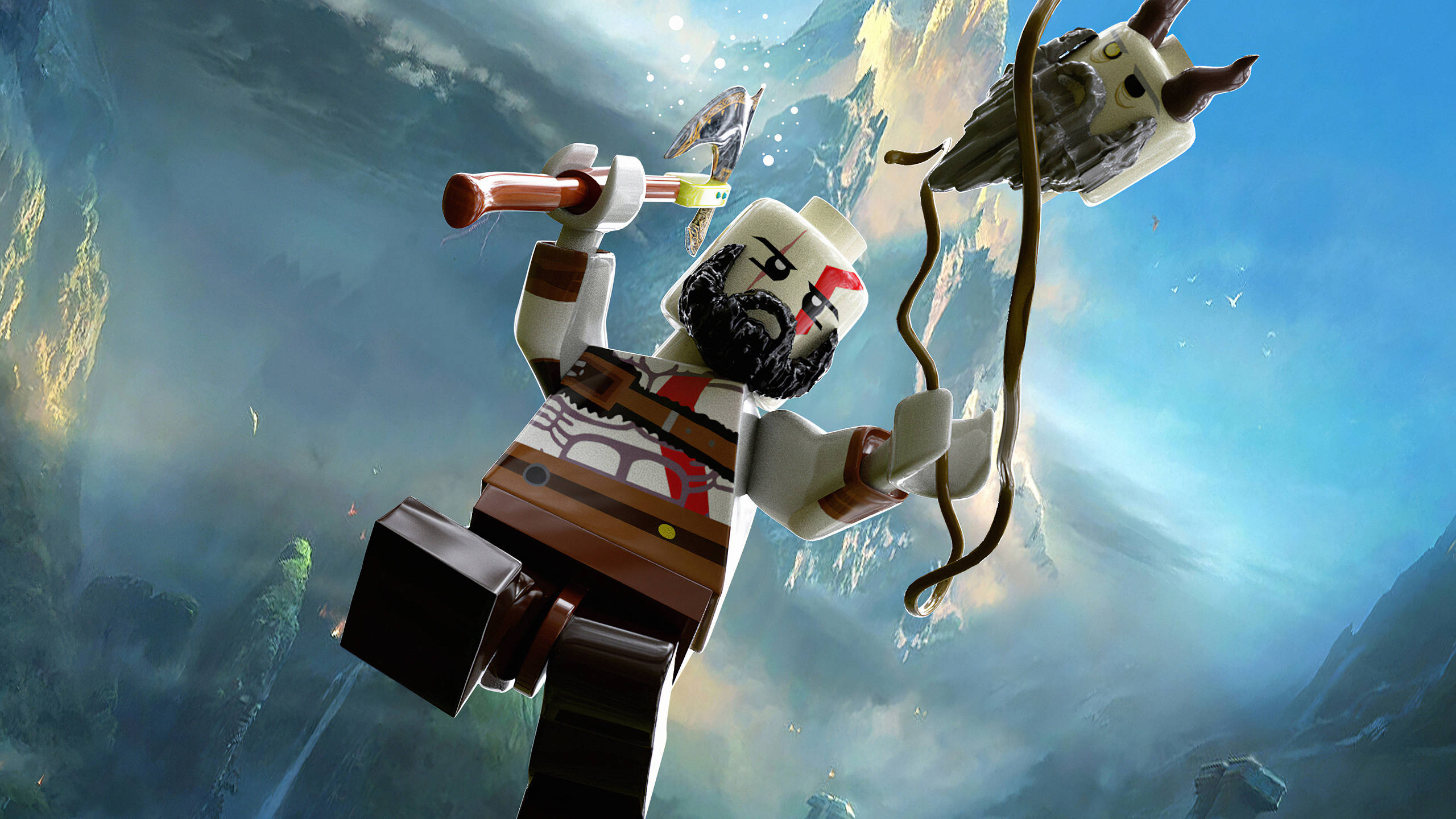 克雷多斯 桌布 壁紙 — 一個 LEGO 克雷多斯在霧氣瀰漫的山峽谷中揮舞斧頭，上空有一隻飛行生物。