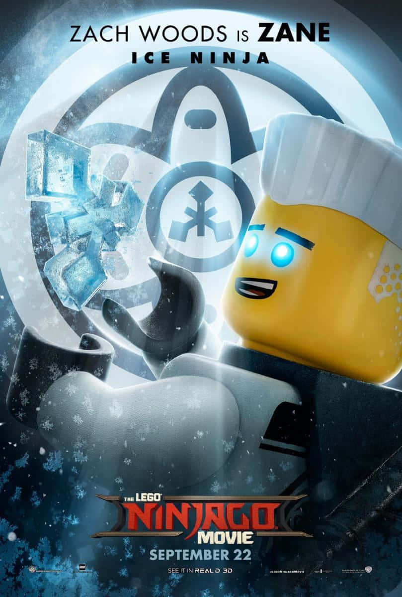 Animated 桌布 壁紙 — 一個 LEGO 冰忍者角色，擁有發光的藍色眼睛和白色兜帽，站在一個冰冷的圓形徽章前，周圍有漂浮的冰塊。