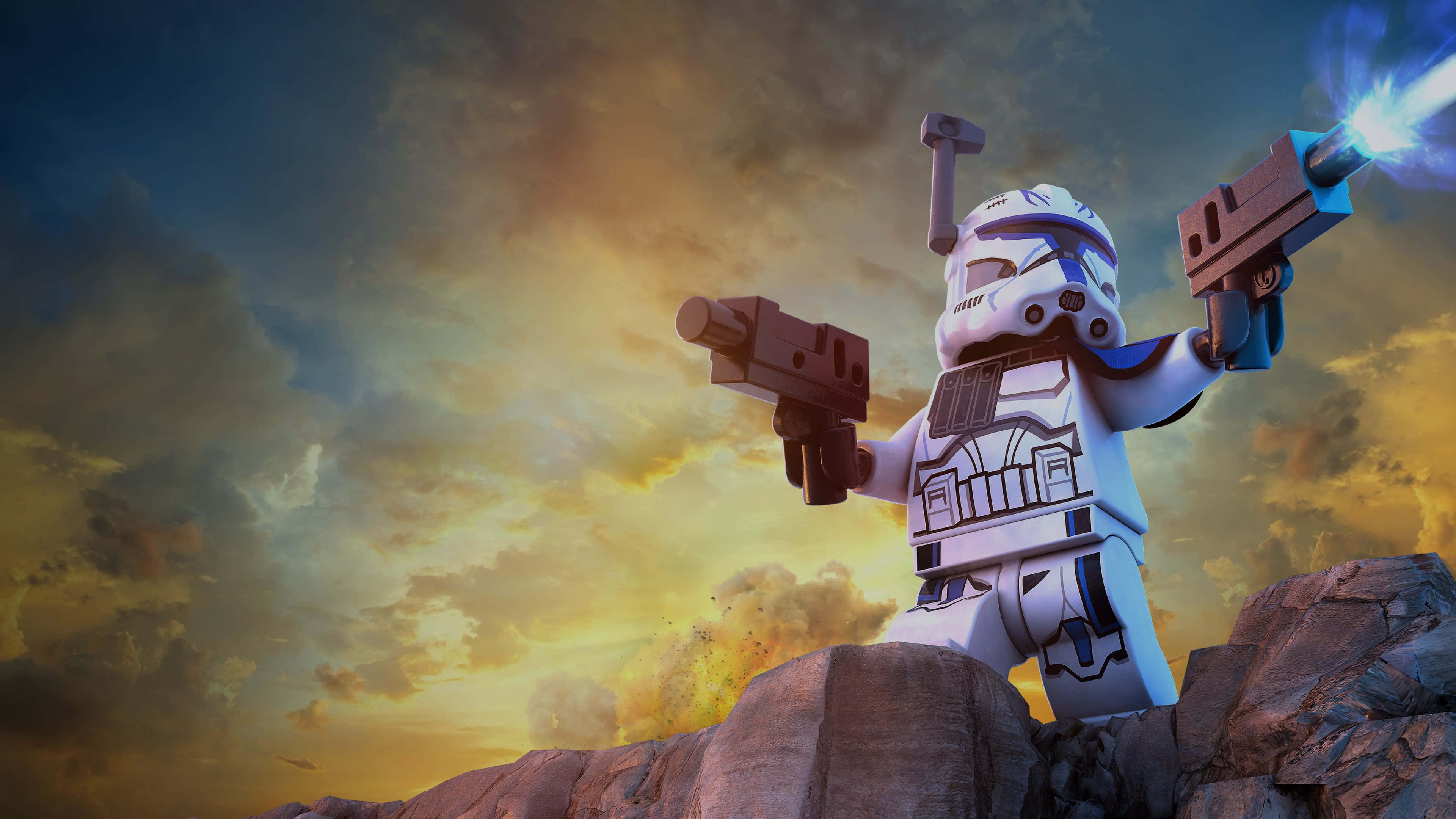 The Clone Army 桌布 壁紙 — 一個 LEGO 風暴兵站在岩石地形上，對著戲劇性的日落天空發射爆能槍。