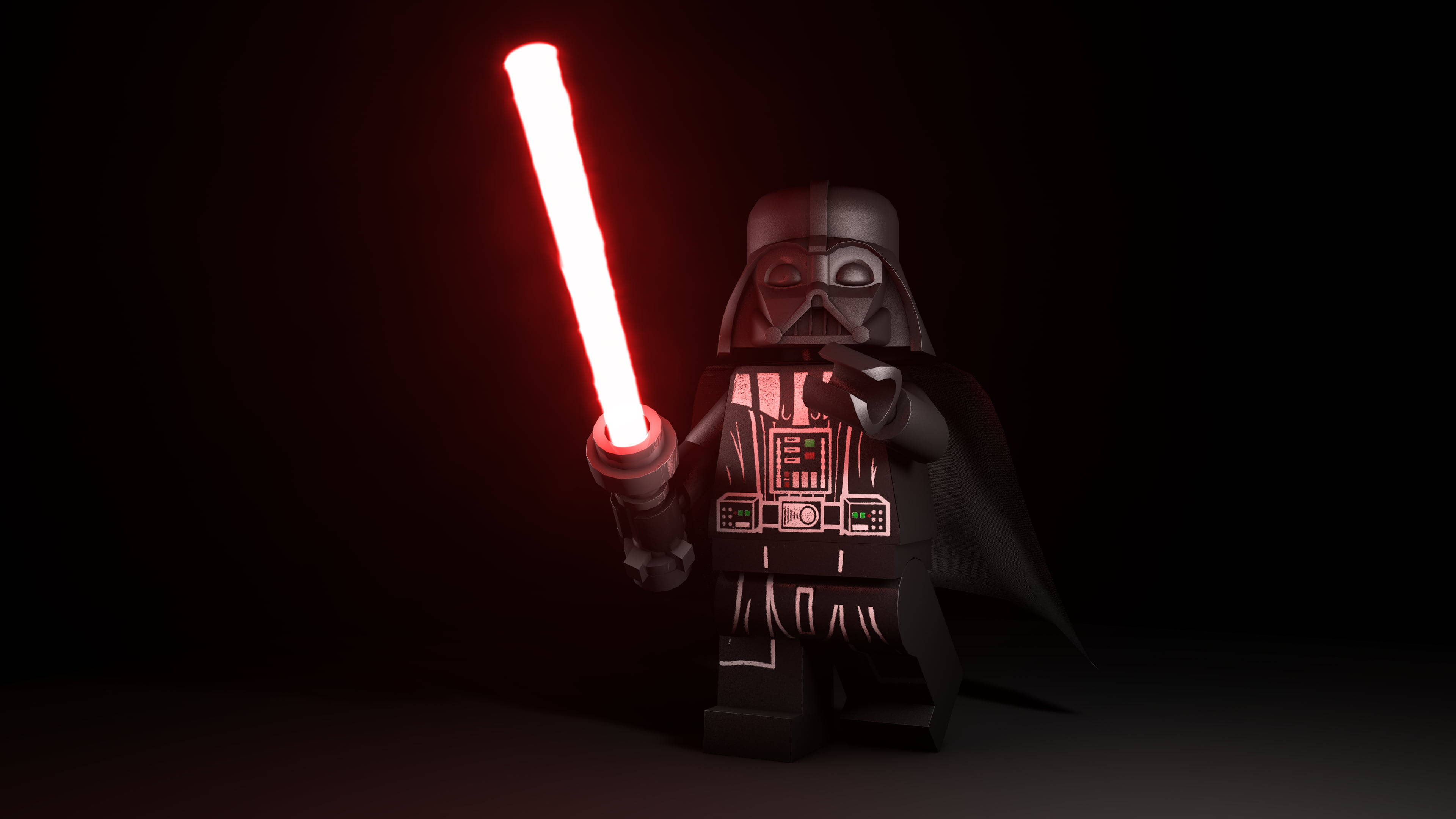 X 桌布 壁紙 — 一個 LEGO 黑武士人偶站在黑暗中，手持發光的紅色光劍，投射出戲劇性的陰影。
