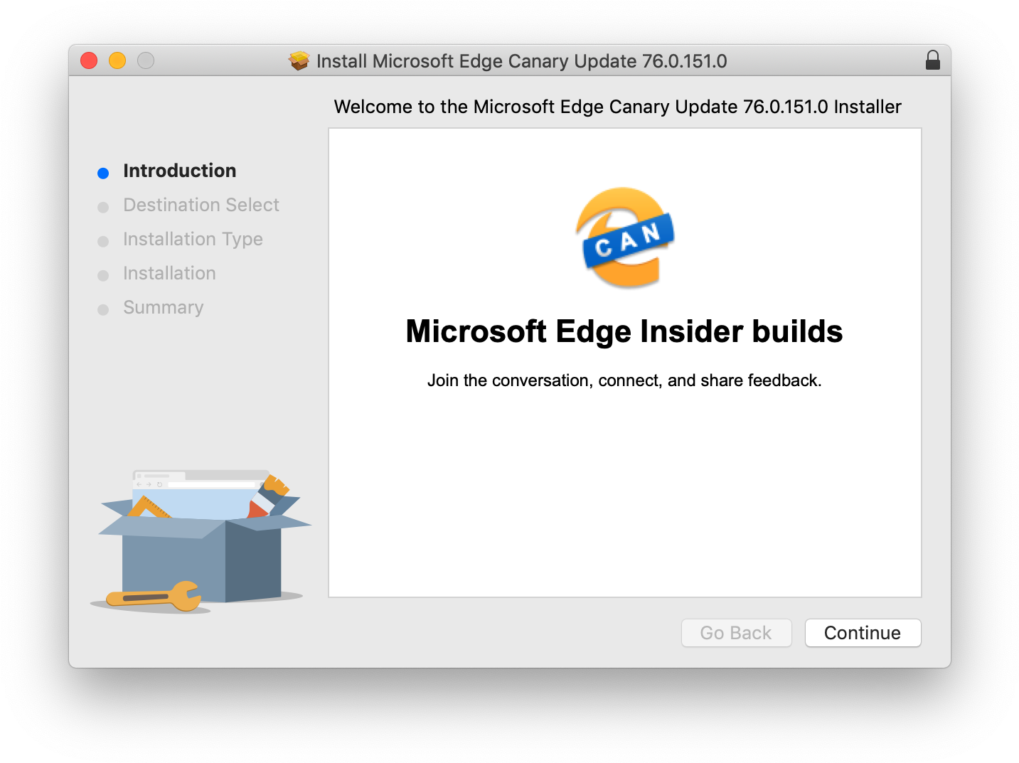 Mac 桌布 壁紙 — 一個 macOS 安裝程式視窗，用於 Microsoft Edge Canary 更新 76.0.151.0，附有卡通盒子和扳手插圖。