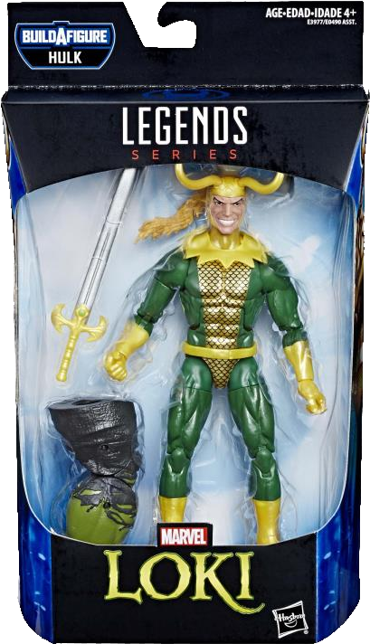 洛基 桌布 壁紙 — 一個 Marvel Legends 洛基可動人偶，身穿綠色和金色盔甲，附有劍和靴子配件，包裝在藍色和黑色的包裝盒內。