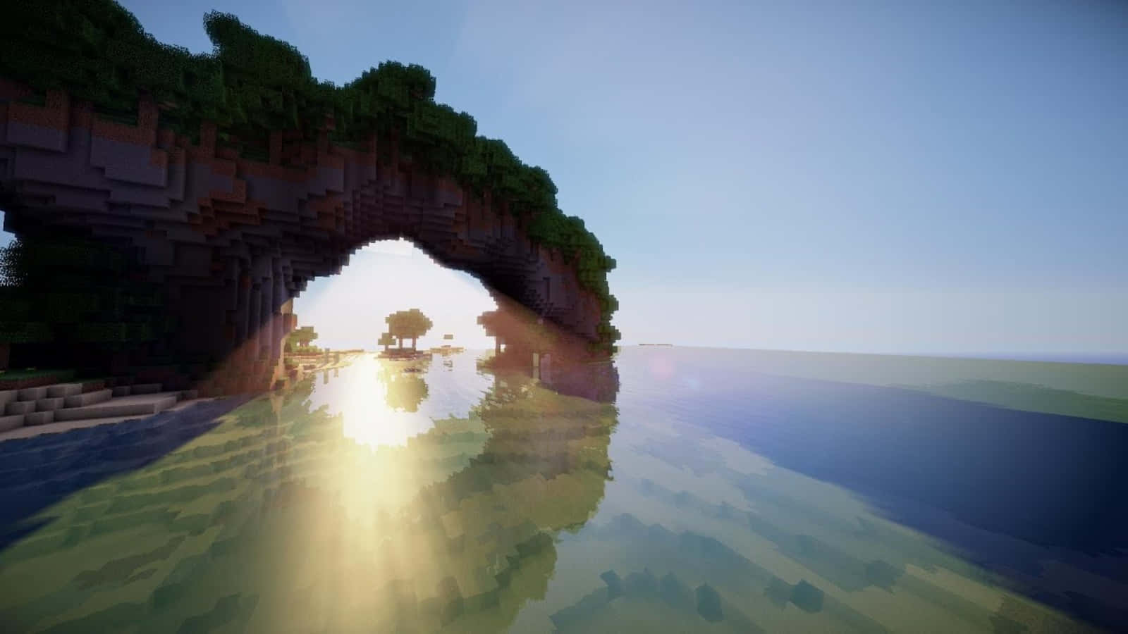 Rock 桌布 壁紙 — 一個 Minecraft 風格的石拱門在水面上，日出時陽光穿過照射。
