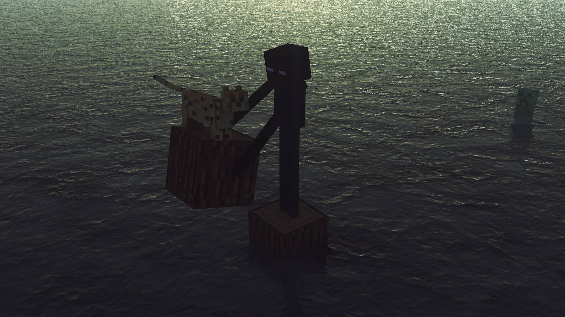 Enderman 桌布 壁紙 — 一個 Minecraft 骷髏站在黑暗水中的木製平台上，抱著一隻貓，附近還潛伏著另一隻殭屍。