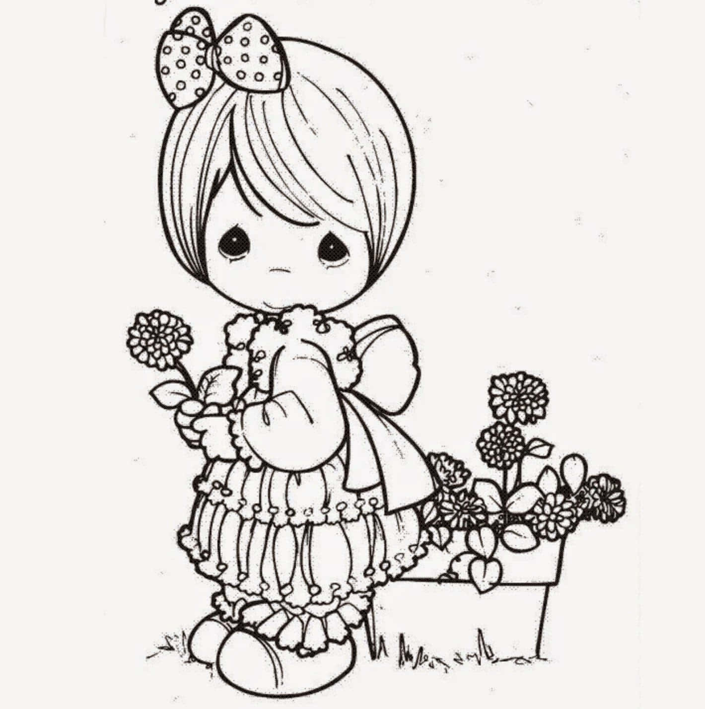 Cartoon Colouring 桌布 壁紙 — 一個 Precious Moments 風格、戴著圓點蝴蝶結的女孩，在盆栽旁邊拿著一朵花，是一幅精緻的線條藝術插圖。