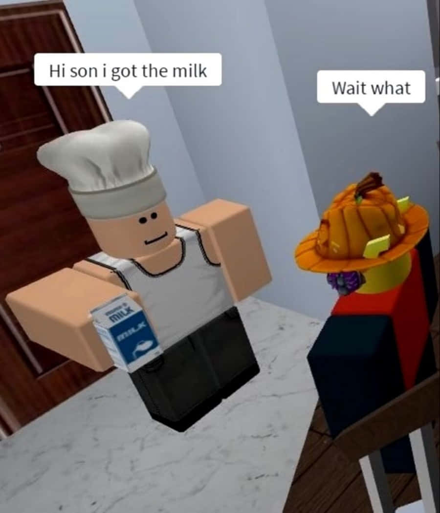 Roblox Boy 桌布 壁紙 — 一個 Roblox 廚師角色拿著牛奶，而一個南瓜頭角色在廚房場景中驚訝地反應。