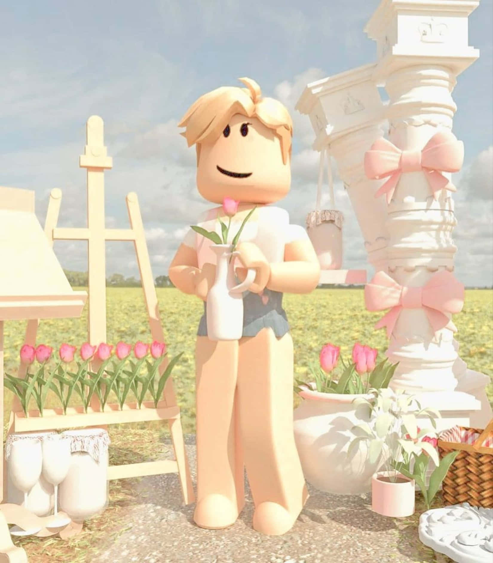 Roblox Gfx 桌布 壁紙 — 一個 Roblox 角色在柔和天空下，於一個有蝴蝶結和畫架的粉彩花園中，手持白色花瓶中的粉紅色鬱金香。