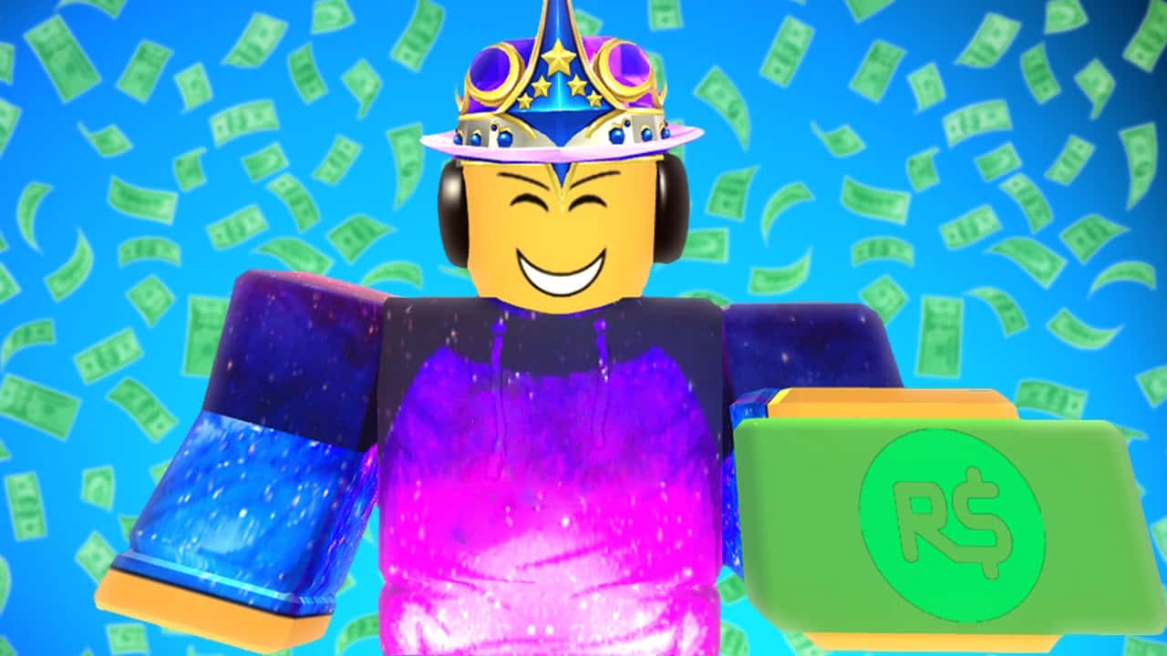Roblox 桌布 壁紙 — 一個 Roblox 角色穿著閃閃發光的紫色服裝和皇冠，微笑著拿著巴西雷亞爾平板電腦，金錢如雨般落下。